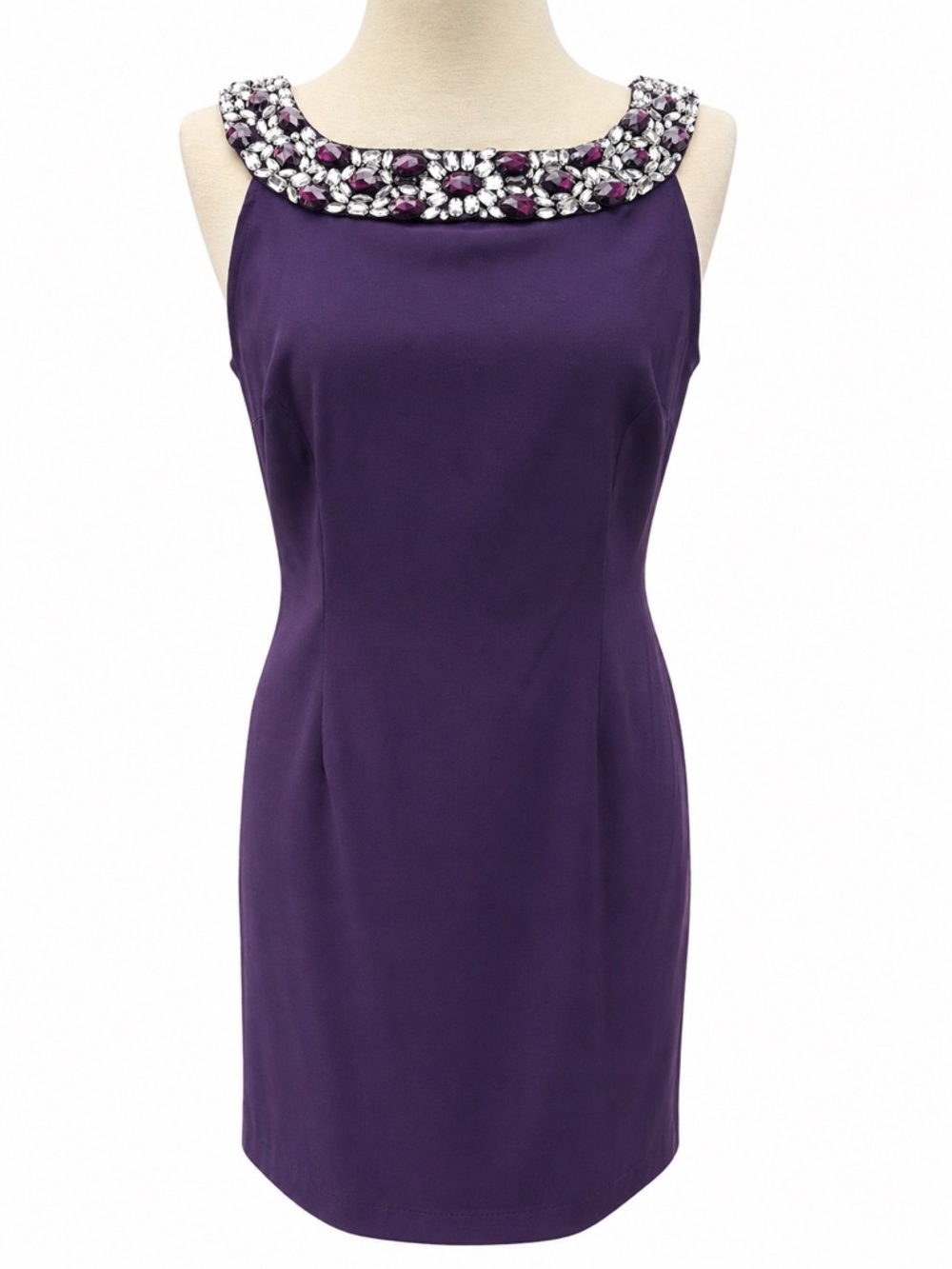 Connected Petite 12P Purple Beaded Neck Sheath Dress Sleeveless Cocktail Formal